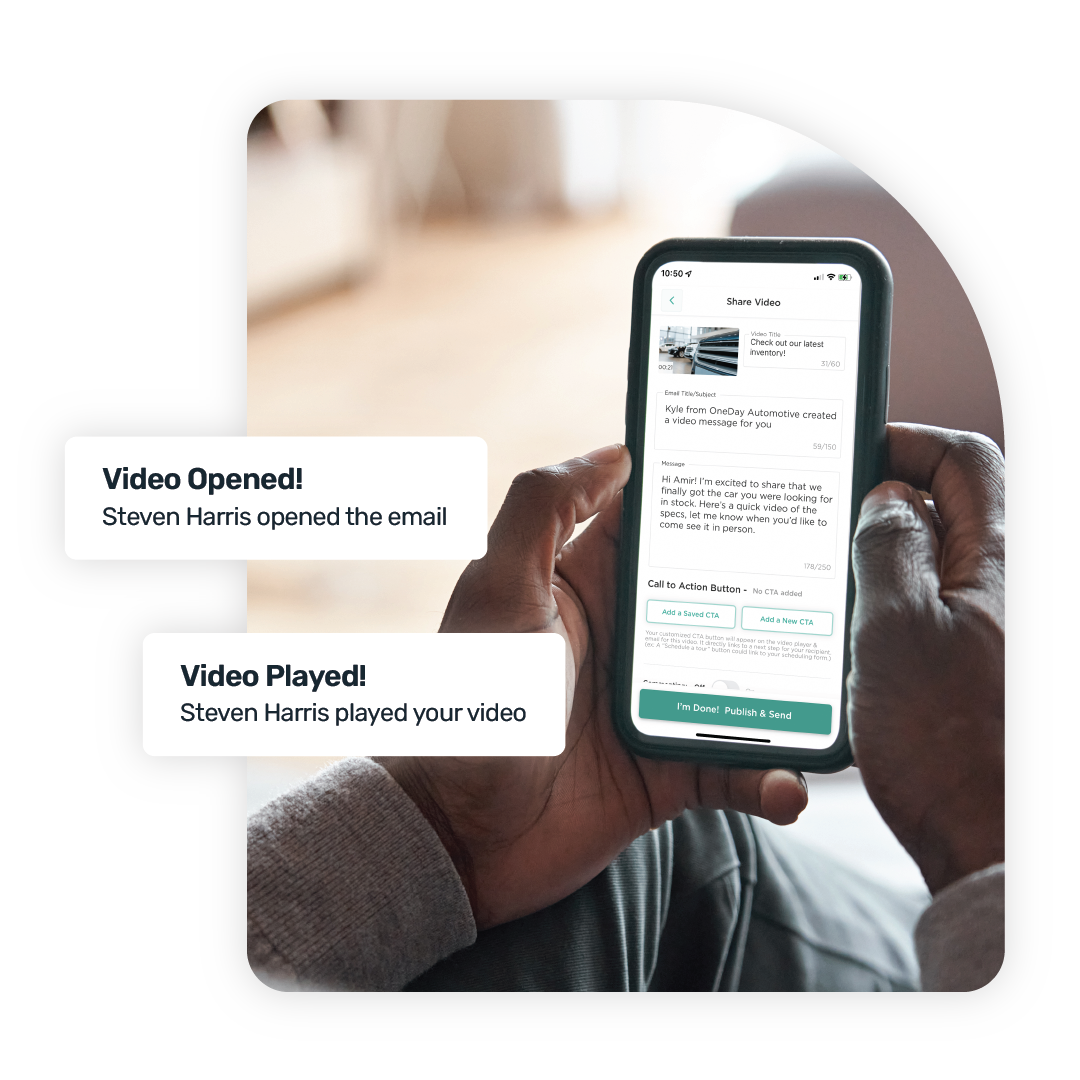 Man sending a personalized OneDay video to prospective buyer Man sending a personalized OneDay video to prospective buyer