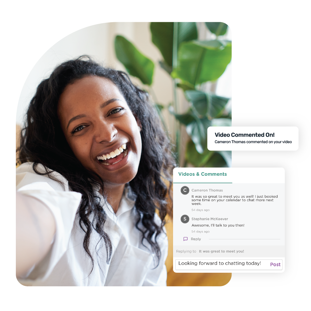 Woman responding to comments on personalized OneDay video in real-time Woman responding to comments on personalized OneDay video in real-time
